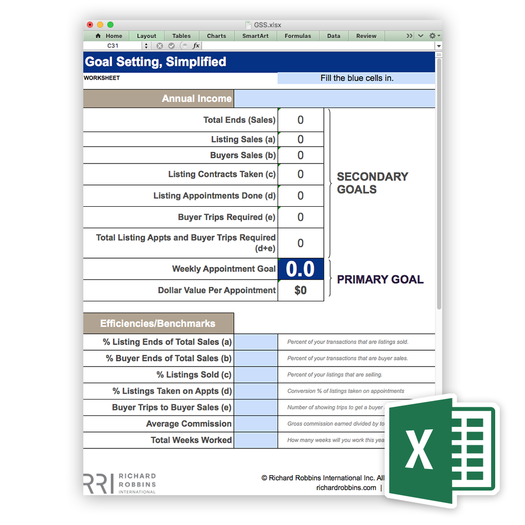 Goal Setting, Simplified Excel Worksheet